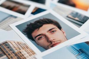Close-up of a young man surrounded by various photographs showcasing urban architecture and landscapes photo