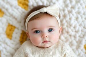 Baby with bright blue eyes and a cream headband lying on a cozy yellow and white blanket photo