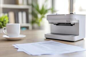 Modern workspace with a coffee cup and printer on a wooden table during daylight photo