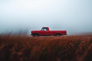 Classic red pickup truck parked in a misty field during early morning light photo
