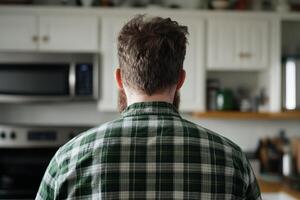 Man in a green checked shirt stands in a modern kitchen looking towards a counter photo