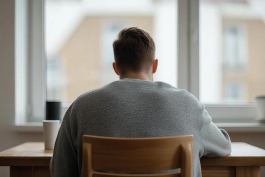 Man seated at a wooden table gazing out the window in a cozy indoor space during morning hours photo