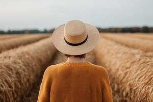 Individual woman enjoys a peaceful moment in a vast golden wheat field, wearing a straw hat and a cozy sweater. photo