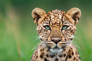 Leopard with striking green eyes gazes directly at the camera in a lush green habitat at golden hour photo