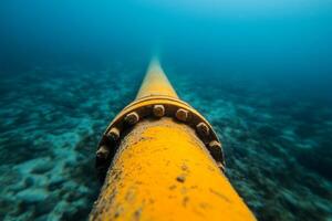 Underwater view of a yellow pipeline resting on the ocean floor in a serene blue environment with marine life photo