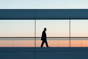 Businessman walks along modern architectural walkway against a vibrant sunset backdrop in urban setting photo