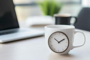 Modern coffee cup with clock design on a desk beside a laptop and blurred background photo