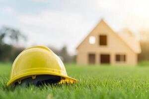 Construction helmet rests on grass near a building site at sunset with an unfinished house in the background photo