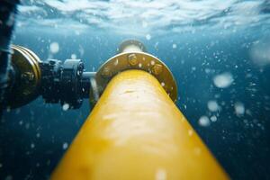 Underwater pipeline with detailed view of yellow structure and bubbles in water photo