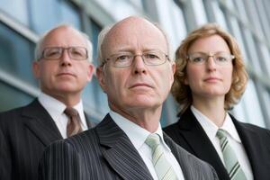 Group of business professionals posing confidently outside a modern building on a clear day photo