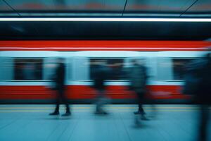 Busy subway station with commuters waiting as a train approaches during rush hour photo