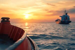 Sunset view of a boat sailing on calm waters with a distant ship in the background photo