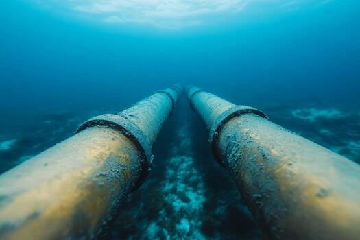 Underwater view of large pipelines surrounded by marine life in a blue ocean environment photo