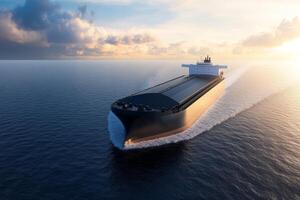 A sizable cargo vessel sails smoothly across the water at sunset, leaving gentle ripples in its wake. photo