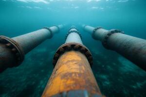 Rusted underwater pipes extend toward the ocean floor in a tranquil marine setting photo