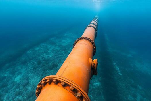 Underwater view of a large pipeline extending through clear blue ocean waters photo
