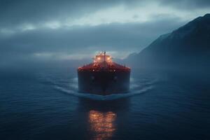 Massive ship navigates through misty waters near rugged coastline at dawn photo