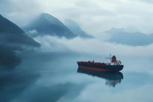 Large cargo ship navigates through calm water with misty mountains in the background during early morning hours photo