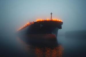 Large cargo ship navigates through thick fog on a tranquil waterway during early morning hours photo