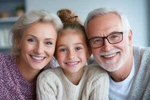Family portrait with grandparents and granddaughter smiling together in cozy home setting during a sunny afternoon photo