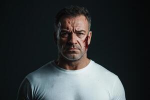 Man with serious expression and noticeable injury poses against dark background, showcasing resilience and intensity photo