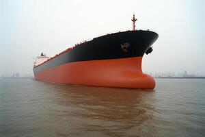 Large cargo ship navigating through foggy waters near a city coastline in the early morning hours photo