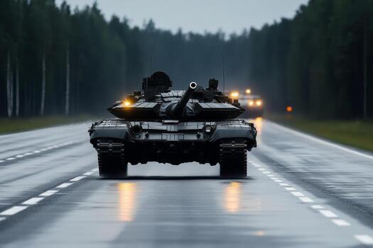Military tank drives down a rain-soaked highway during overcast weather in a forested area photo