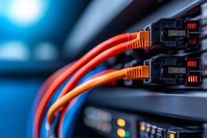 Network cables connecting to a server in a data center during a technology setup in a modern workspace photo