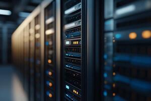 Rows of servers fill the data center, illuminated by LED lights. The environment showcases advanced technology and connectivity essential for data management photo