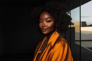 A woman with natural curly hair stands elegantly, wearing a striking orange outfit paired with accessories. photo