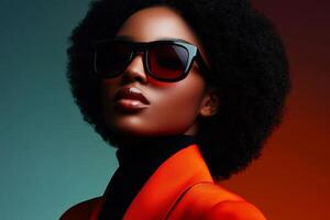 Fashion model showcases stylish sunglasses in vibrant orange attire against a colorful background photo