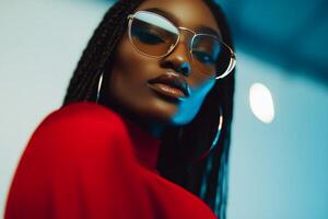 Stylish model poses confidently in a striking red outfit with oversized glasses in a modern indoor setting photo