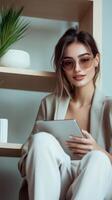 Young woman in chic attire enjoys leisure time with a tablet in a modern, minimalistic interior setting photo