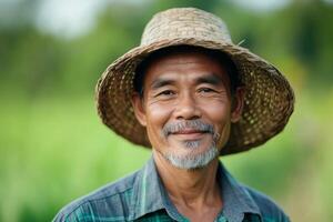 Smiling farmer wearing a straw hat stands proudly in a lush green field during the golden hour of sunset photo