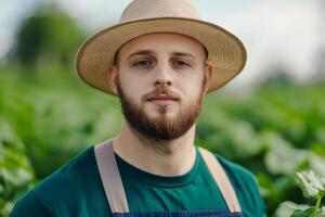 Young farmer stands confidently in lush green field during sunny day, showcasing dedication to agriculture and nature photo
