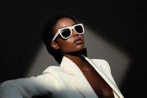 Stylish woman poses confidently in sleek white blazer and oversized sunglasses against dark backdrop photo