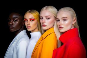 Four diverse models showcase vibrant fashion and striking makeup in a stunning studio setting photo