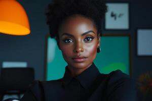 Confident woman poses in a stylish office setting, showcasing contemporary decor and warm lighting photo