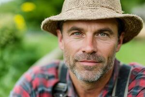 A man with a beard and striking blue eyes smiles while wearing a straw hat and plaid shirt. He is surrounded by greenery, suggesting a peaceful outdoor environment in daylight photo
