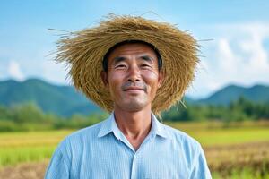 Farmer wearing straw hat stands proudly in vibrant green rice field under blue sky photo