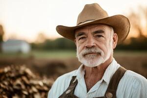 Elderly man with a cowboy hat smiles confidently in a rural setting during golden hour photo