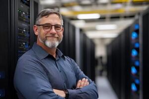 Professional IT manager standing confidently in a modern server room during daytime photo