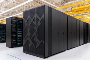 Modern data center featuring advanced server racks arranged in a spacious facility photo