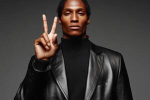 Stylish man poses confidently with a peace sign in a sleek black outfit against a dark background photo