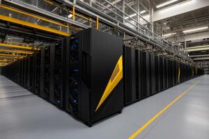 Advanced data center showcasing rows of sleek servers in a high-tech environment with sophisticated infrastructure photo