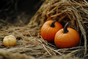 Colorful pumpkins resting on hay in an autumn harvest setting photo