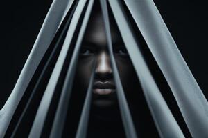 Dramatic portrait of a person shrouded in translucent fabric, showcasing emotion and intensity photo