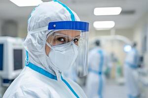 Healthcare worker in protective gear focuses on patient care in a hospital setting during a busy shift photo