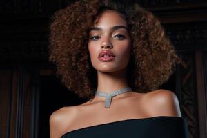 Elegant portrait of a model wearing a statement necklace in a dimly lit vintage setting photo