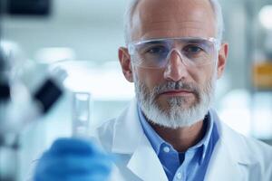Senior laboratory scientist conducting research with a test tube in a modern scientific lab environment photo